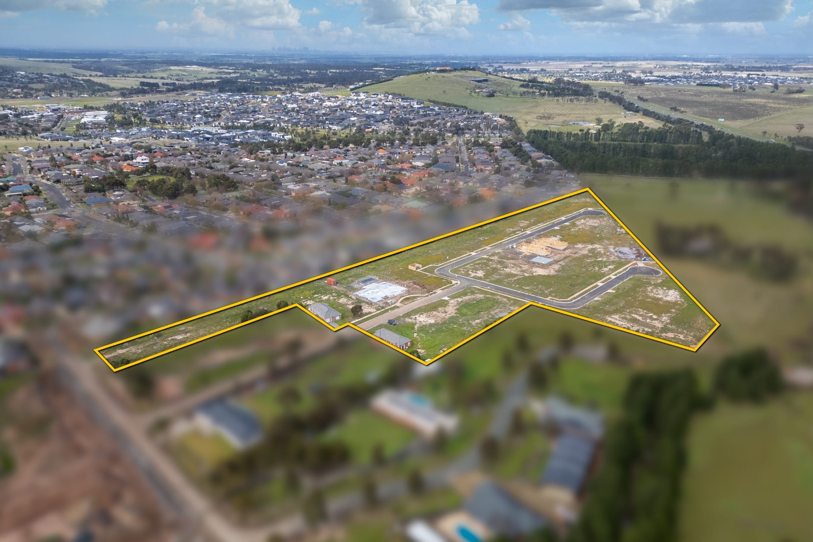 Aerial view of The Barrington estate outlined in gold at 70 Barrington Lane, Sunbury
